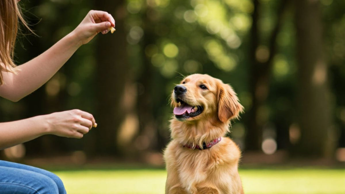 dog sitting for treat being trained by sonic bark device